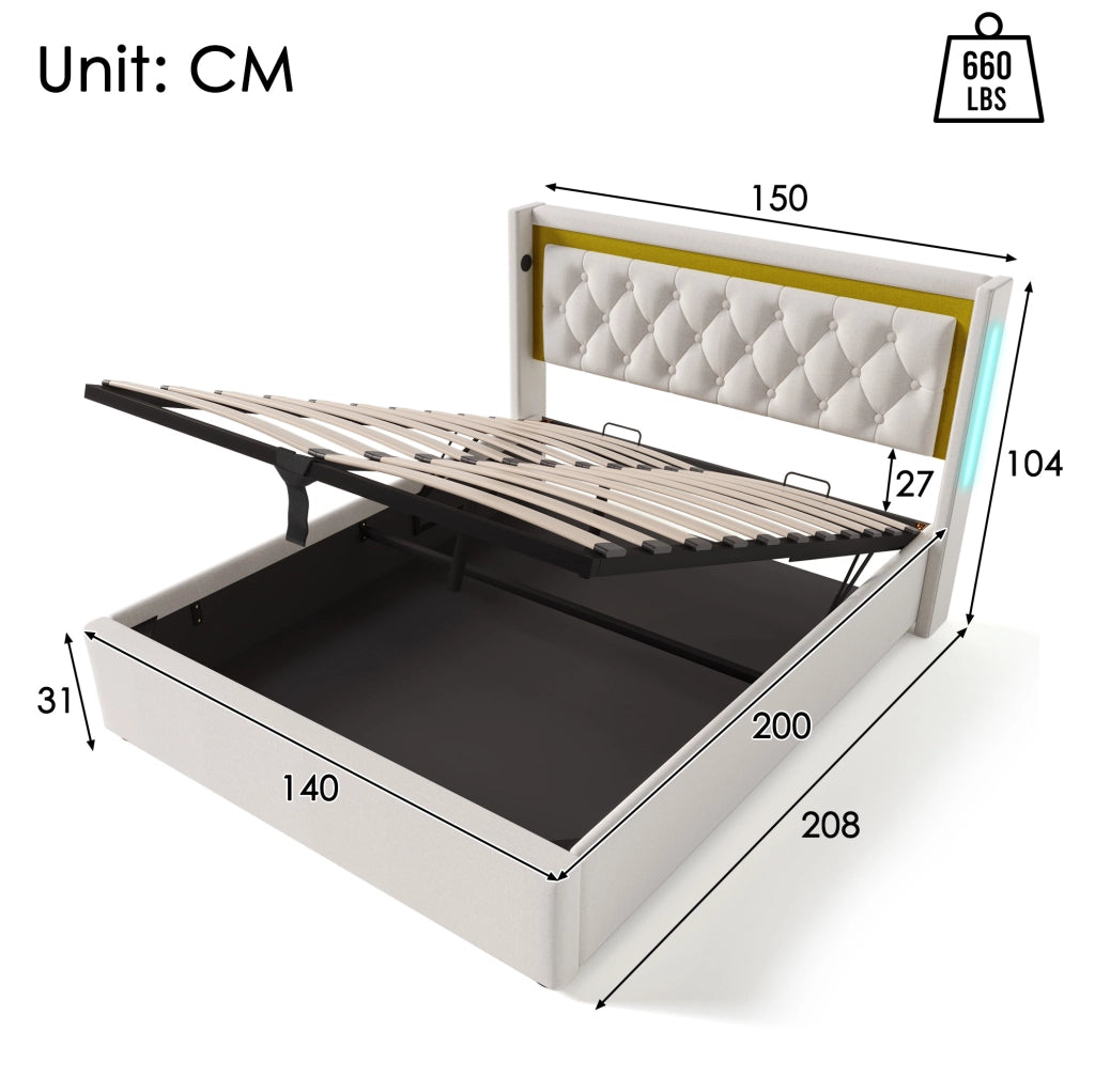 Letto matrimoniale imbottito con contenitore; LED; USB e Type-C 140x200 cm; beige chiaro