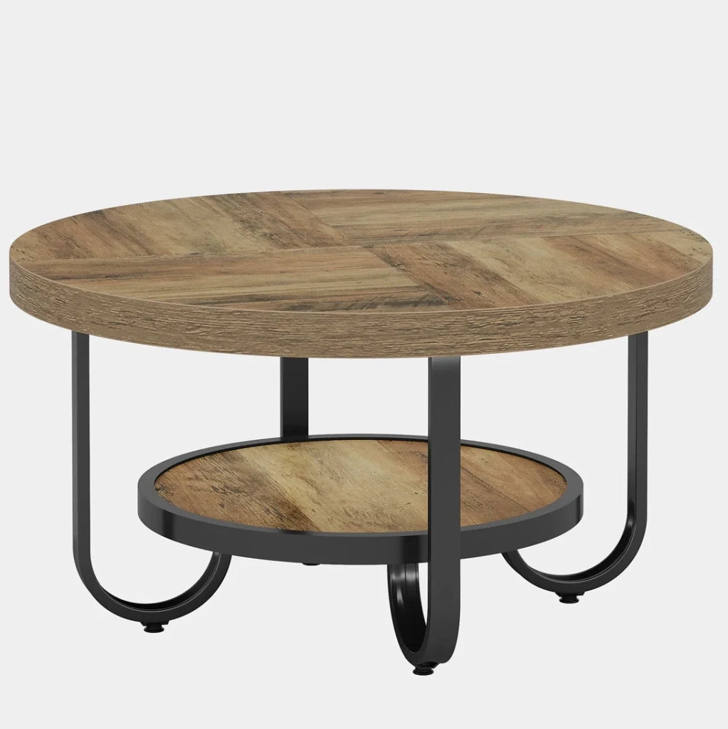 Tavolino rotondo a due livelli 79 cm; in MDF e metallo; nero e marrone