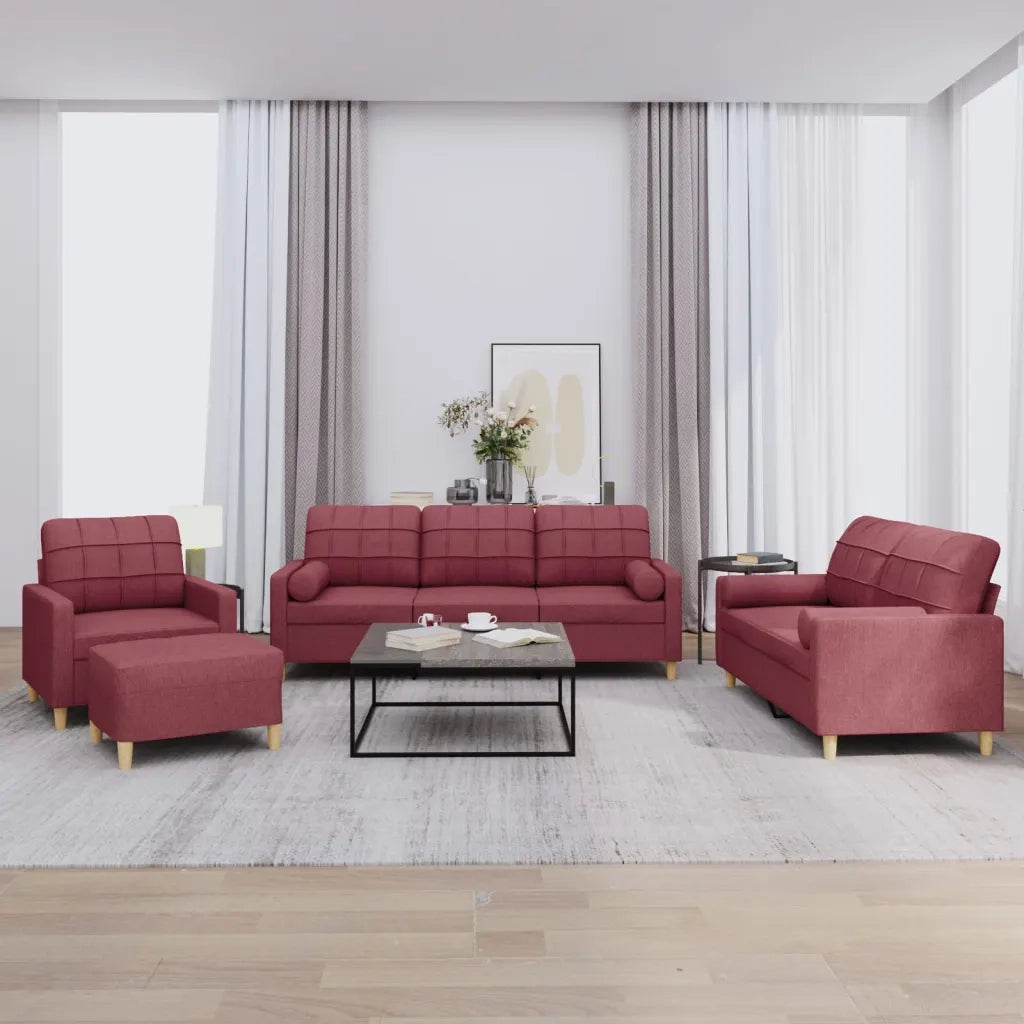 Set di Divani 4 pz con Cuscini Rosso Vino in Tessuto