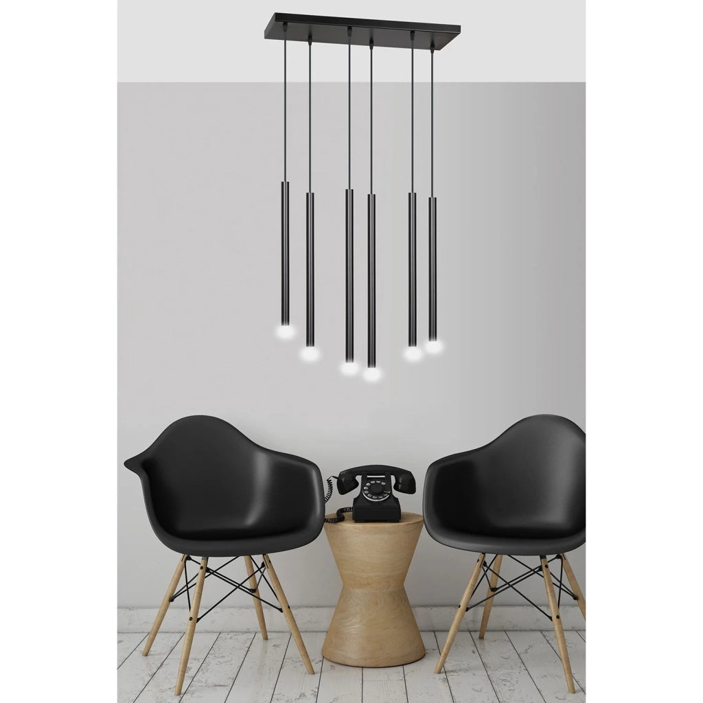 Lampadario 6 Luci Moderno Shu Acciaio Nero E Paralumi A Cilindri Sottili