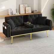 Divano letto 2 posti 175x80x73.5 cm con schienale regolabile e portabicchieri in velluto nero