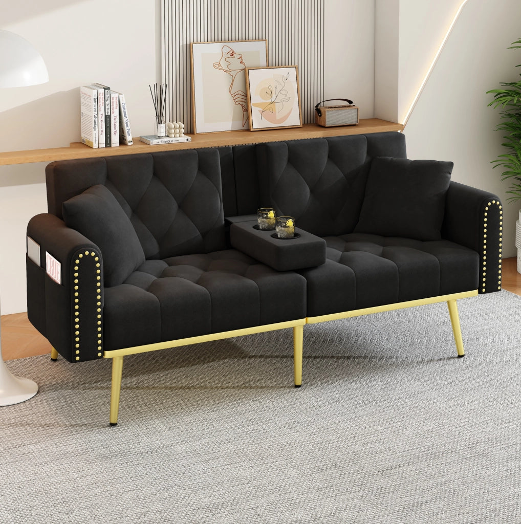Divano letto 2 posti 175x80x73.5 cm con schienale regolabile e portabicchieri in velluto nero