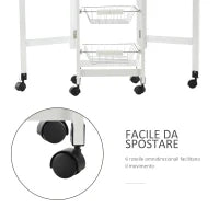 Carrello Portavivande Pieghevole a 6 Ruote con 3 Cestini, Cassetto e 2 Ribalte, Carrellino per Cucina in MDF e Metallo, 37x37x77.5 cm, Bianco e Legno