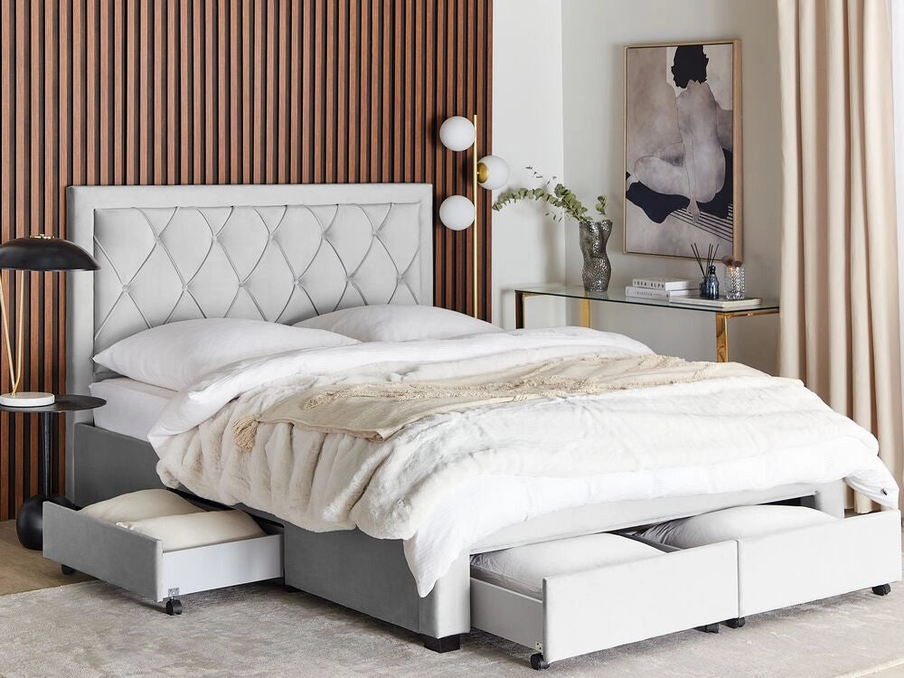 Letto contenitore tappezzeria in velluto grigio chiaro 160 x 200 cm trapuntato testiera alta cassetti Glam Design