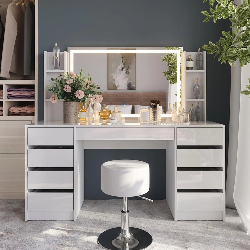 Tavolo da toeletta Sherry, Bianco/bianco lucido, 158.2 cm 5 parti, con illuminazione a LED e panca imbottita