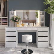 Tavolo da toeletta Sherry, Bianco/bianco lucido, 158.2 cm 5 parti, con illuminazione a LED e panca imbottita