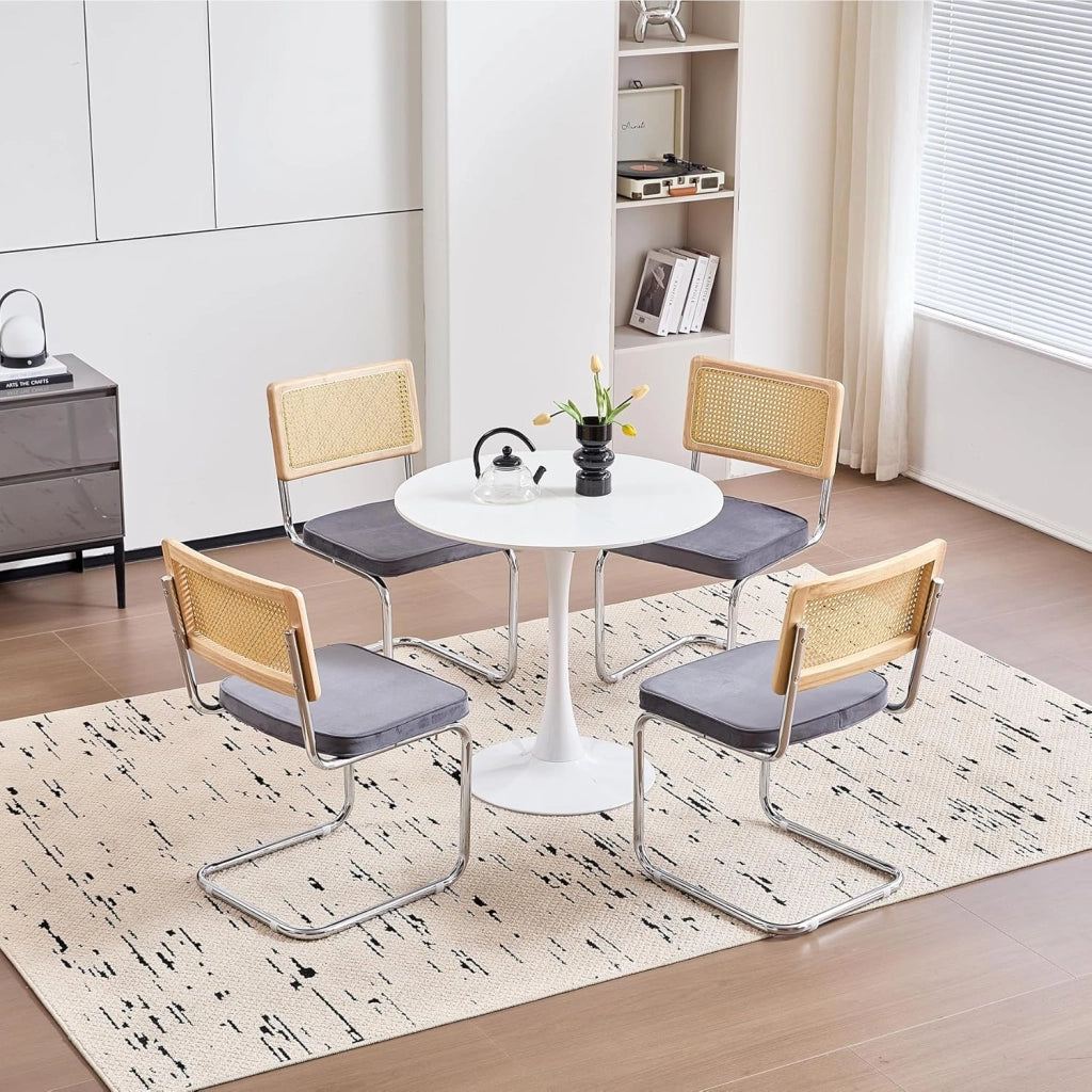 GrandCA HOME Set di 4 Sedie da Pranzo con Schienale in Canna Naturale e Base in Acciaio Cromato, Sedie da Cucina Imbottite in Rattan,Grigio