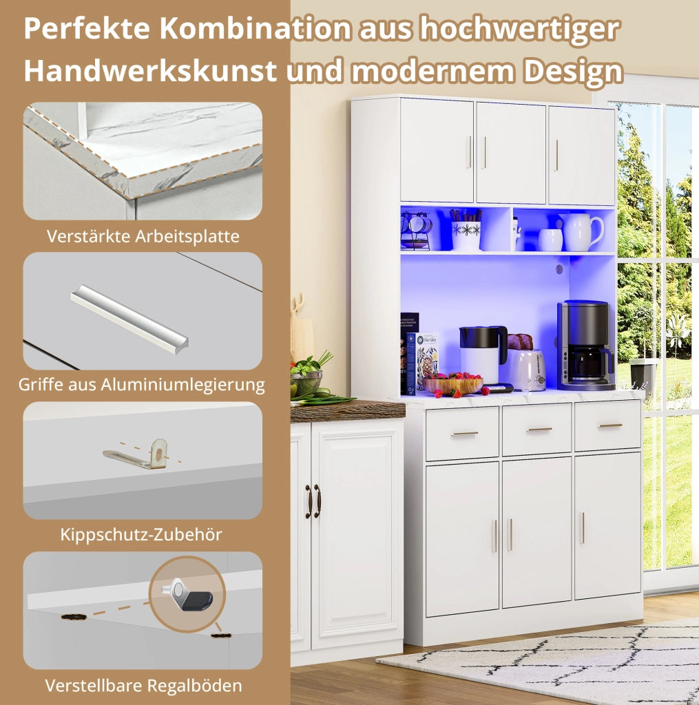 Credenza da cucina con LED, prese USB, cassetti e ripiani regolabili