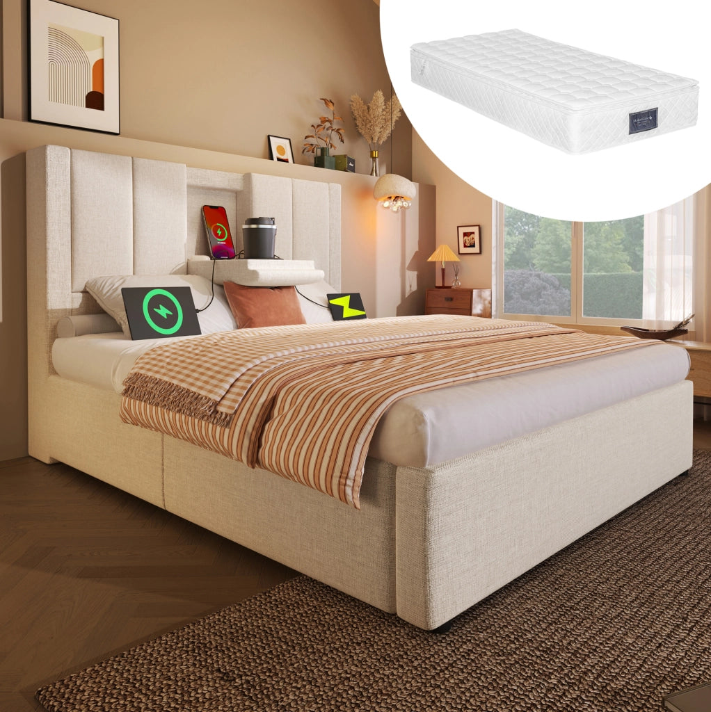 Letto imbottito 90x200 cm beige con materasso, contenitore idraulico e ricarica USB-C