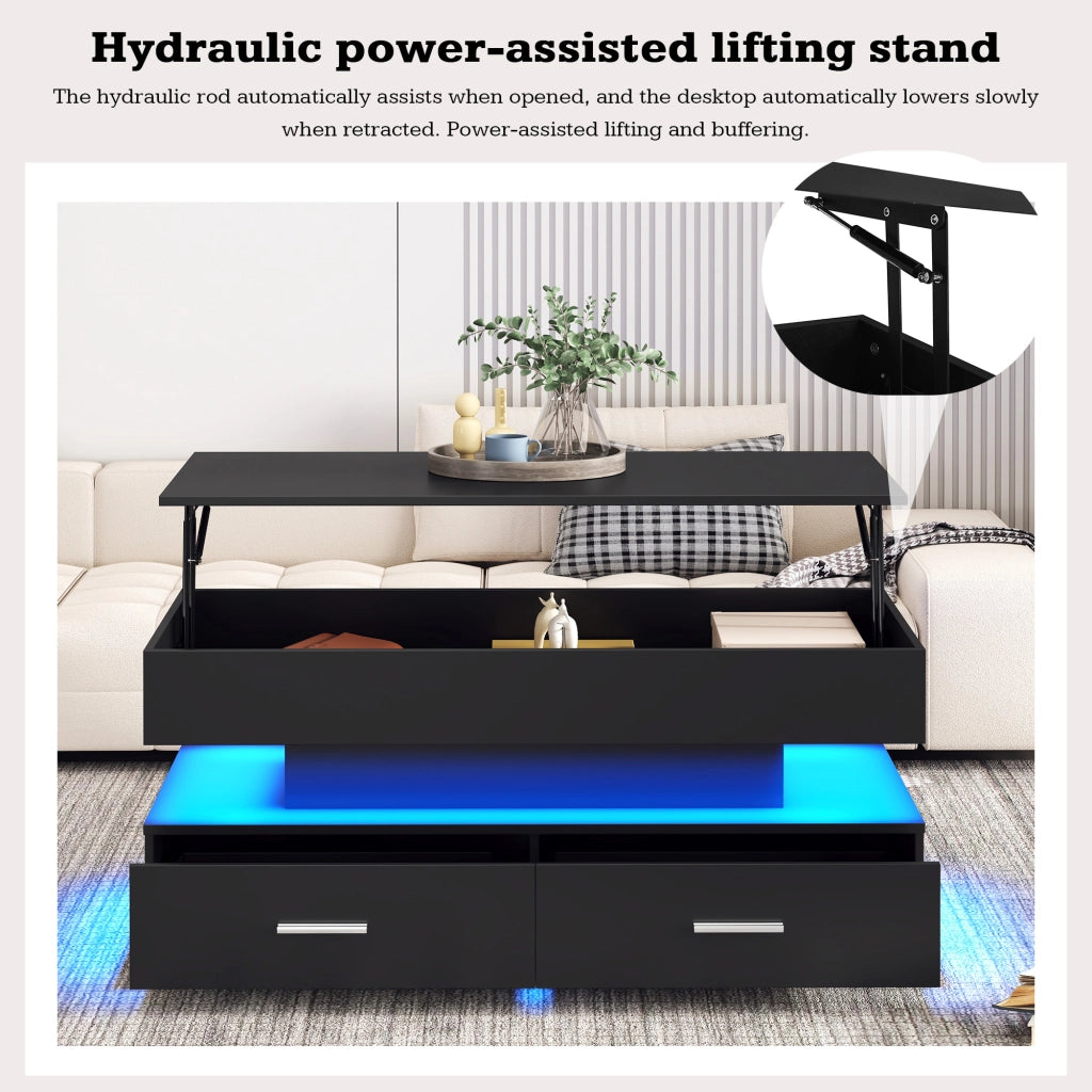 Tavolino basso sollevabile con LED e Bluetooth, 2 cassetti, vano aperto e vano nascosto, per soggiorno, nero, 100 × 50 × 44 cm