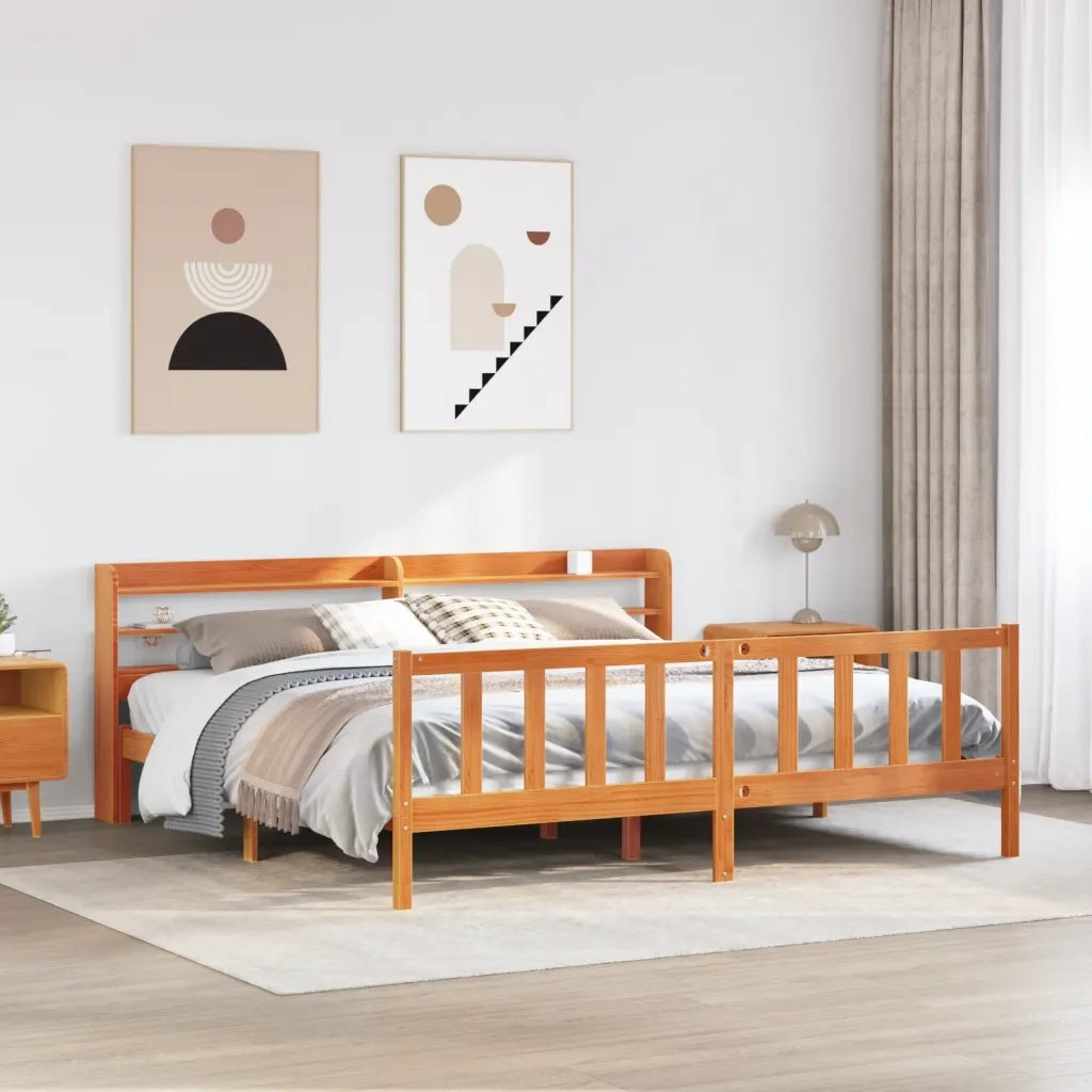 Giroletto con Testiera-Struttura Letto con testiera Marrone Cera 200x200 cm Massello Pino 178045