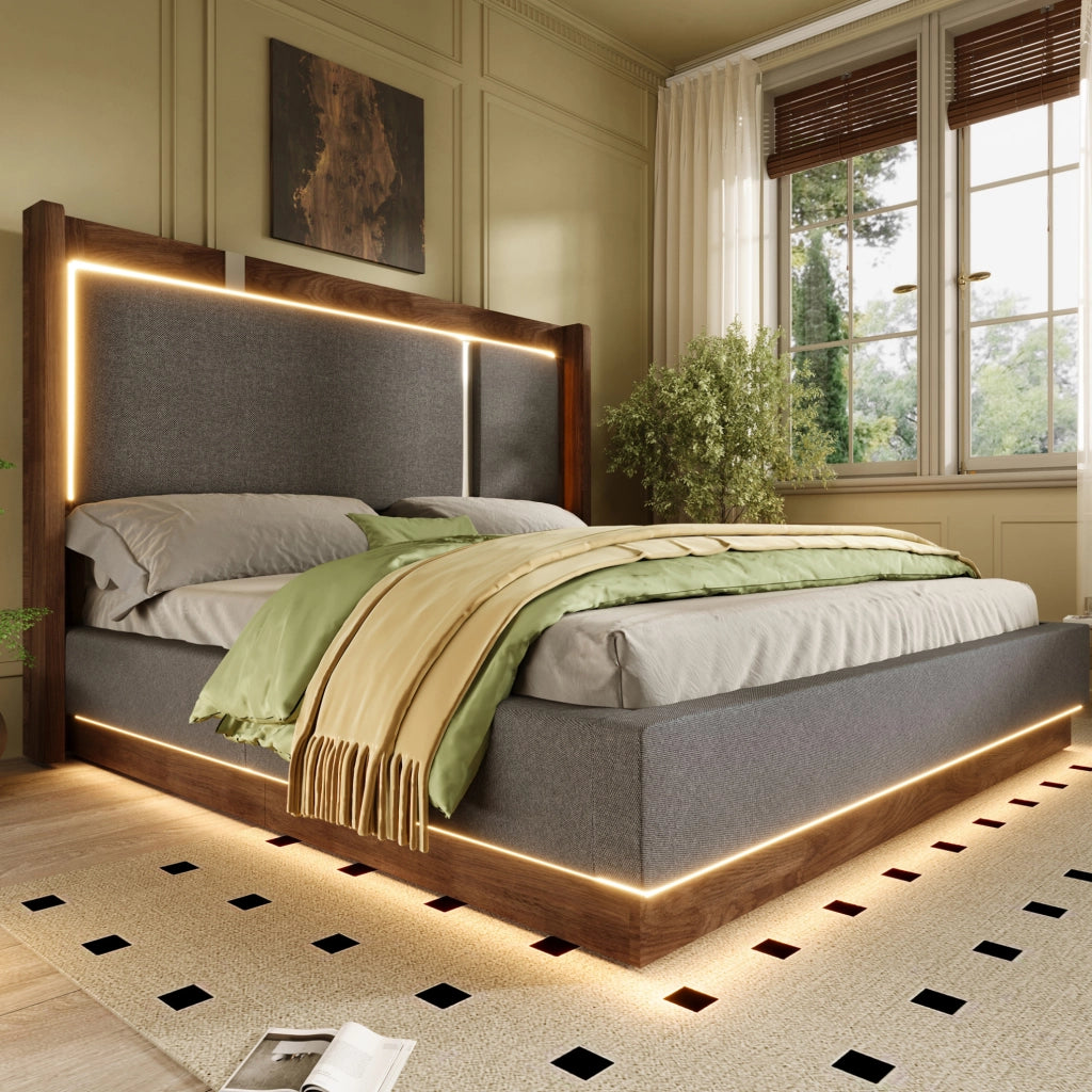 Letto matrimoniale 160x200 con LED, vano contenitore e testiera imbottita