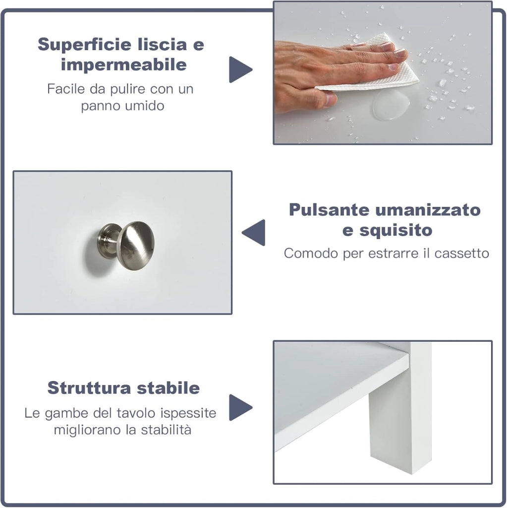 Comodino con Cassetto, Tavolino in Legno con 2 Livelli, Cassettiera da Letto Multifunzionale per Salone Camera da Letto Corridoio, 48 x 40 x 58 cm (Bianco, 2 Pezzi)