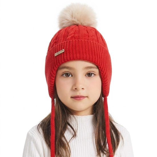 Cappello per bambini in cotone - forma comoda - orecchie coperte - pompon - chiusura con clip - impermeabile - per bambini