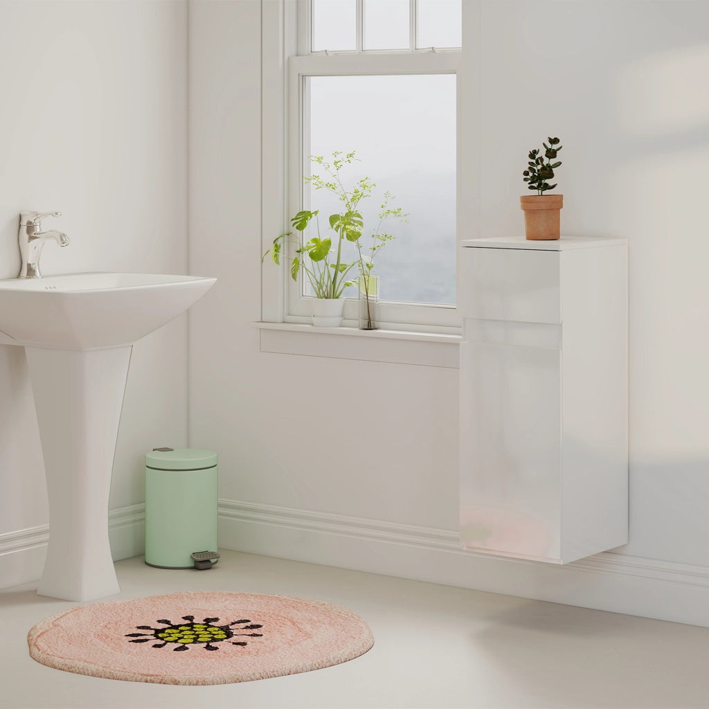 Mobiletto Pensile da Bagno Sospeso 30x34x79,4 cm con Cassetto Anta Lucida e Ripiano in Vetro in MDF Bianco
