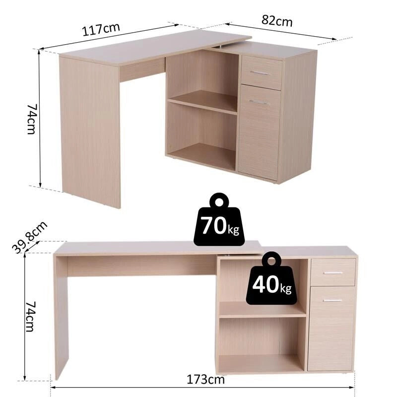 SCRIVANIA AD ANGOLO CON 2 RIPIANI E 2 CASSETTI LEGNO ROVERE, 117 X 82 X 74 CM