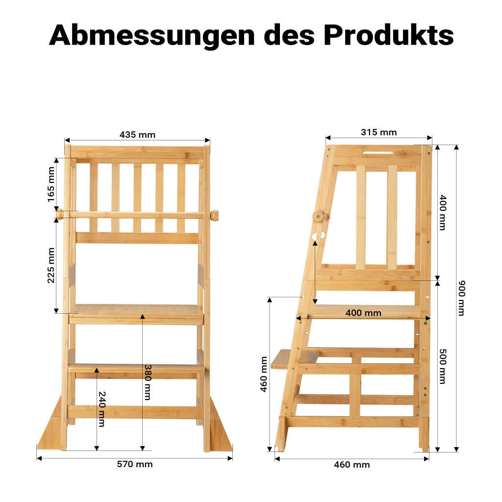 Torre di apprendimento per bambini 57 x 46 x 90 cm in bambù, torretta con ringhiera, sgabello per bambini con barra di protezione