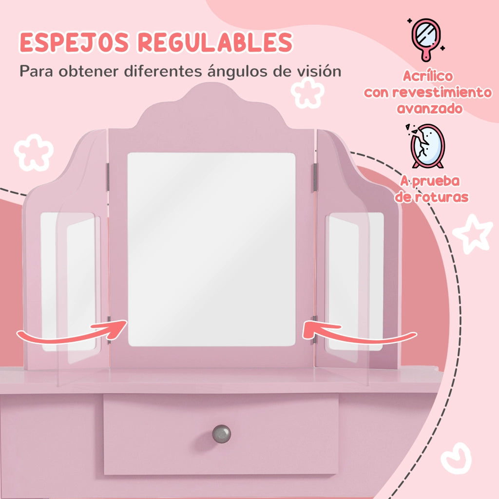 Tavolino trucco per bambine con specchio e sgabello ¨C Xylo ¨C Rosa con cassetto 3-6 anni