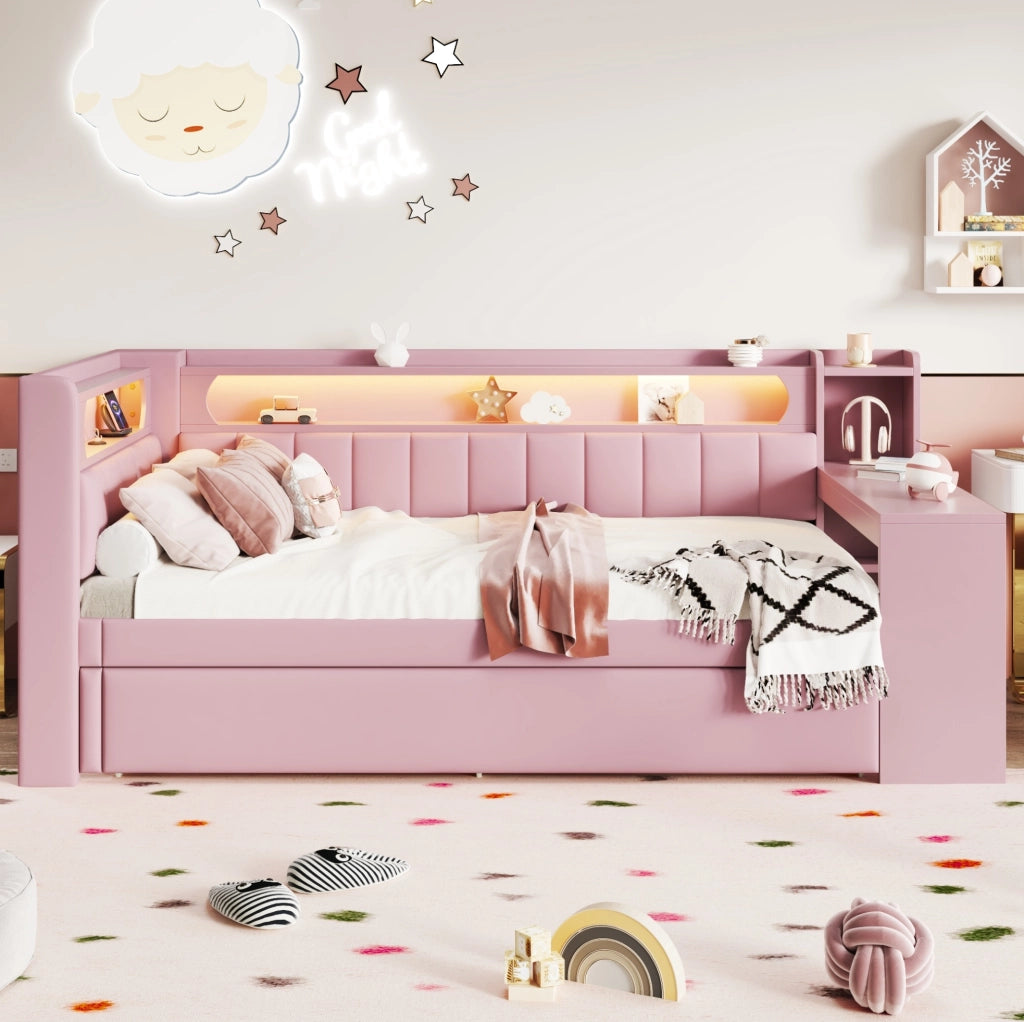 Letto singolo imbottito 90x200 cm rosa con LED, USB ed estraibile