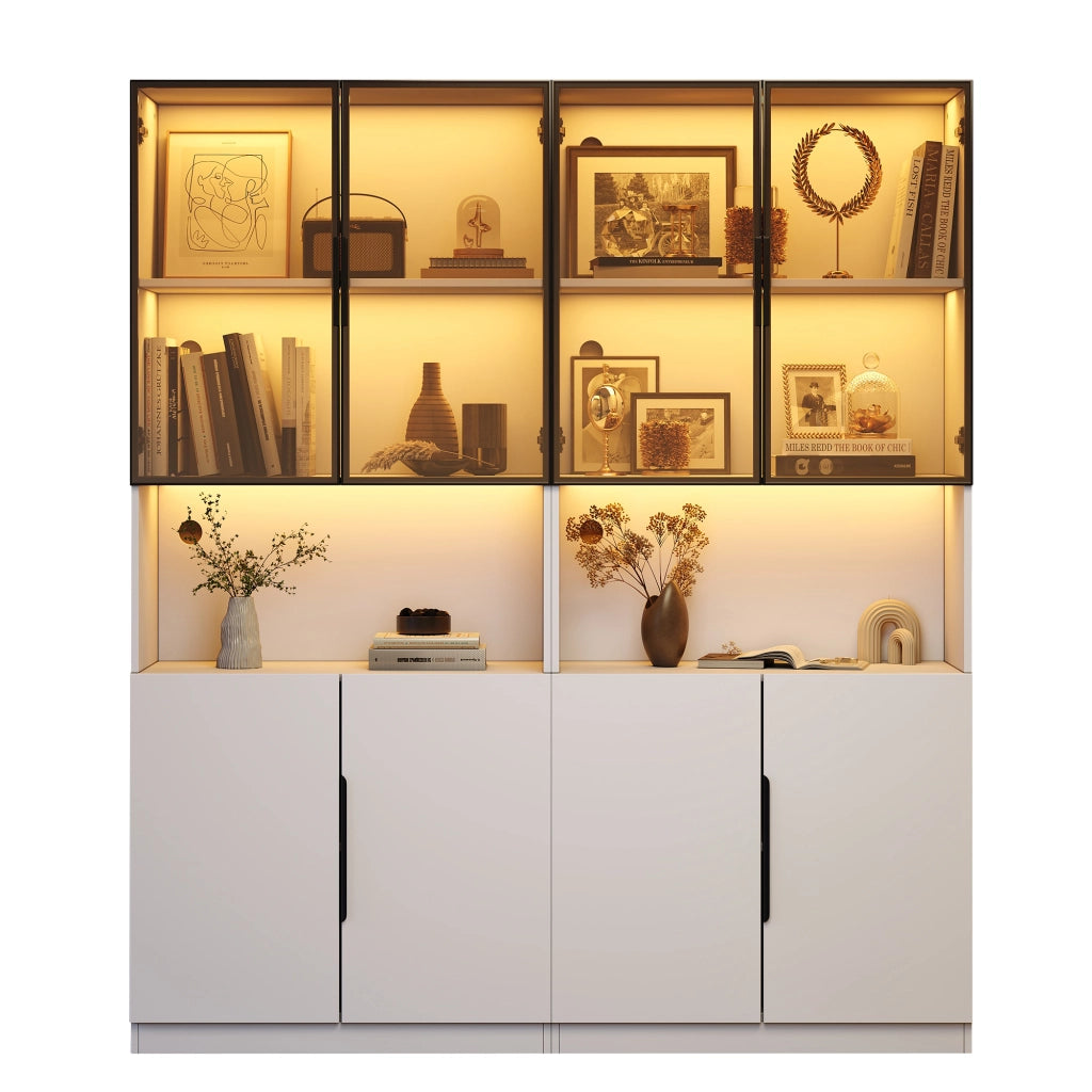 Vetrina con LED e ante in vetro, ripiano regolabile, per soggiorno, 160 × 30 × 200 cm