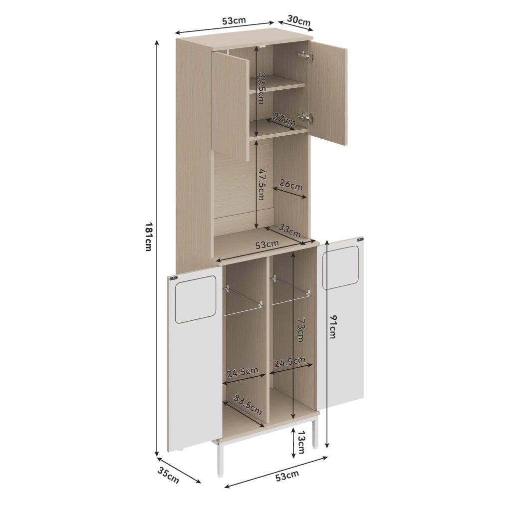 Dispensa alta con vano rifiuti e vano microonde, ripiani regolabili per cucina, in MDF bianco e legno, 53 × 35 × 181 cm