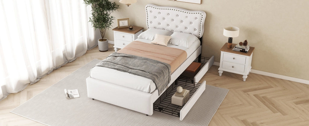 DESMIU Lit simple 90 × 200 cm con 2 cassetti, testiera regolabile, senza materasso, in MDF, beige chiaro
