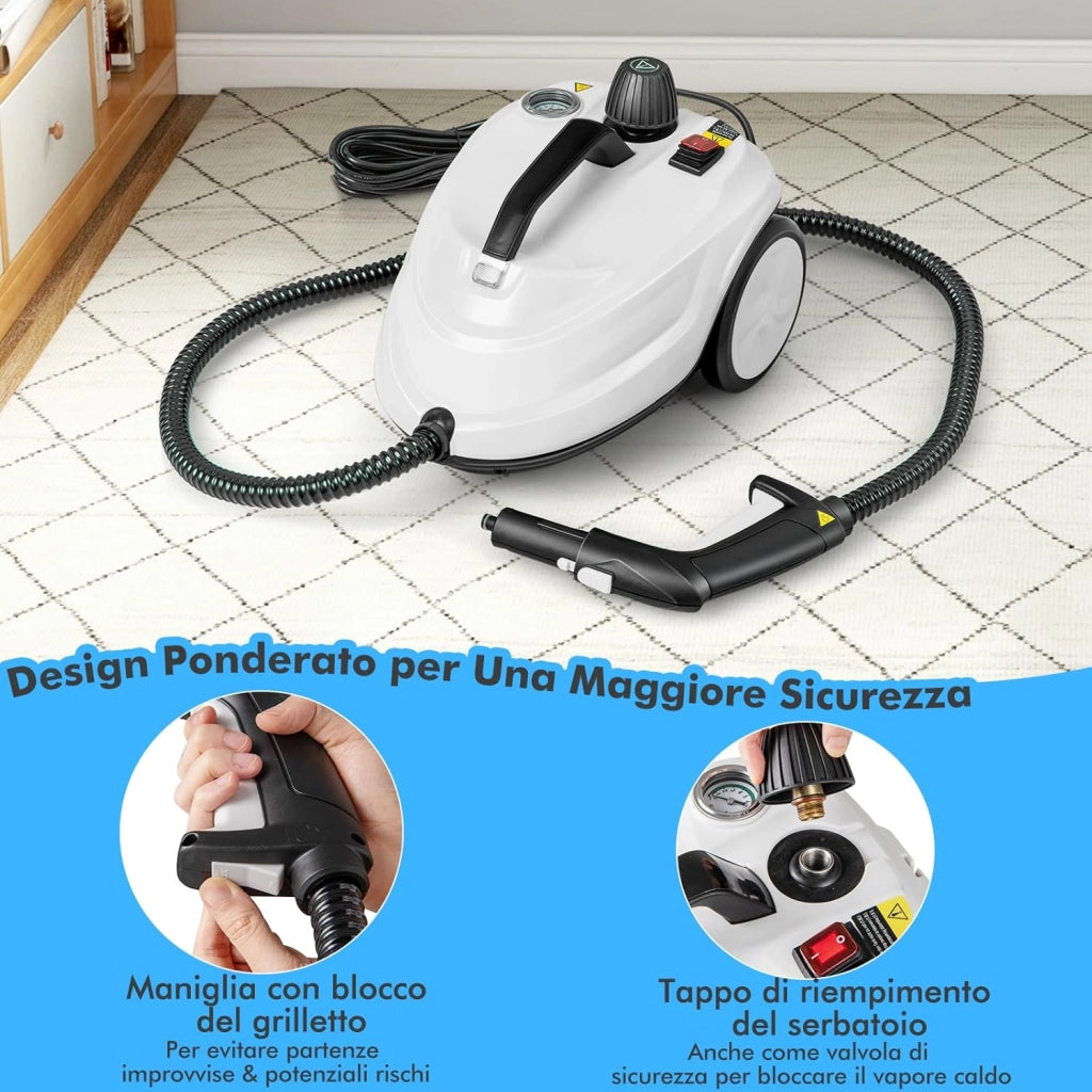 2000W Pulitore a Vapore, Macchina per Pulizia Rotante con 13 Accessori, Capacità d'Acqua di 1,8L, Macchina a Vapore Multiuso per Tappeti Finestre Vetri e Tende (Bianco)