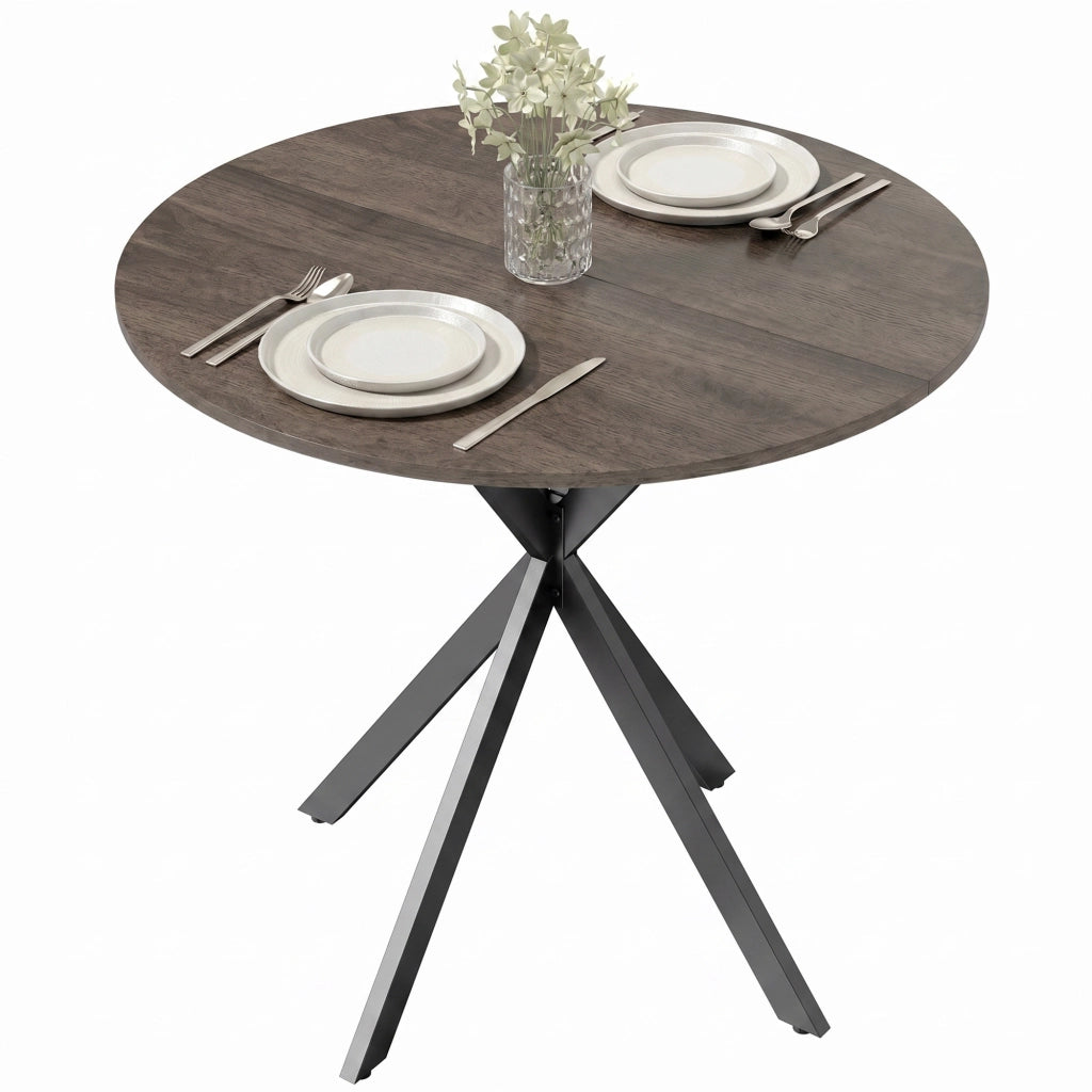 Runder Küchentisch, 80 cm, kompakte Tischplatte, Spanplatte, Metall, Braun