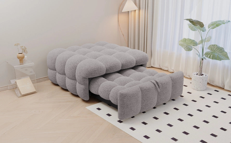 Divano Letto Singolo 2-in-1 con Pouf Estraibile in Bouclé Grigio