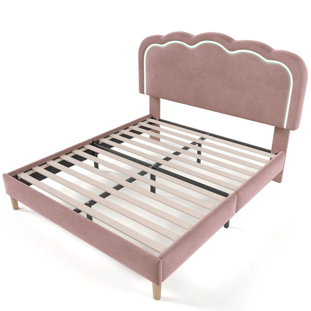 Letto Imbottito Matrimoniale LED con Testiera Regolabile ¨C MINIMAL ¨C Velluto Rosa 140x200