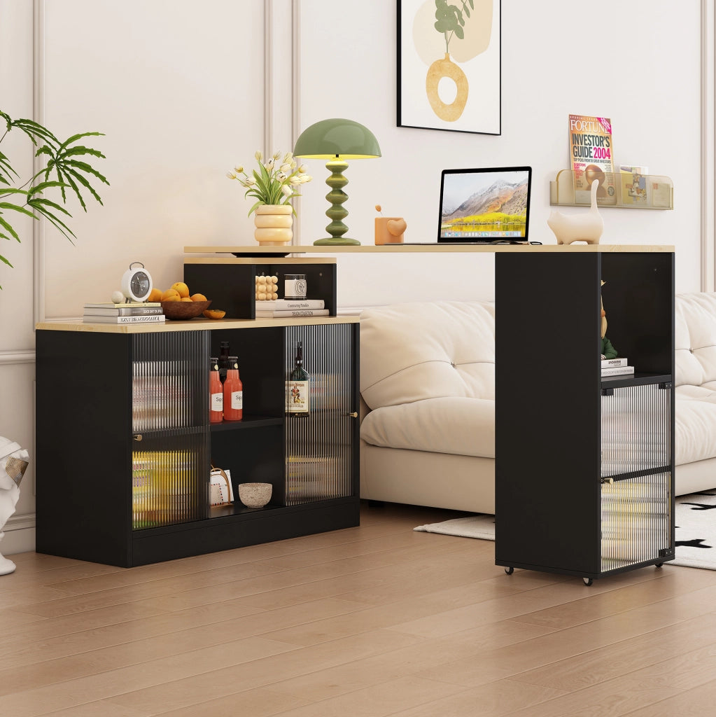 Tavolo bar allungabile con contenitore; mobile con ruote girevoli; MDF e vetro; nero
