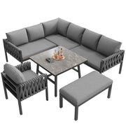 Salotto da Giardino con 2 Divani; 1 Poltrona; 1 Panca e 1 Tavolo; Schienale Alto; Cuscini; per Terrazza; Metallo e Poliestere; Grigio