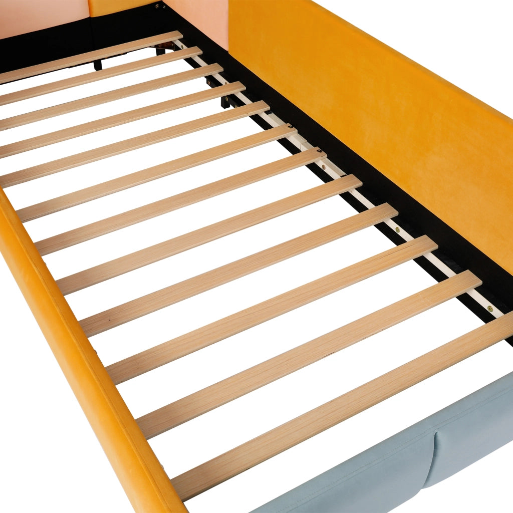 Letto per bambini basso 90 × 200 cm con sponde rialzate, senza materasso, in velluto, blu multicolore