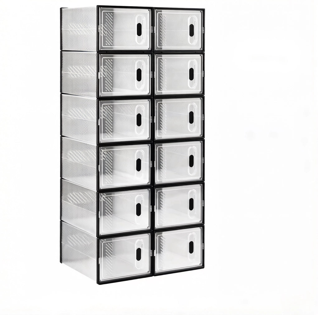 Set di 12 Scatole Impilabili per Scarpe in Plastica Trasparente e Nero, Dimensioni 25x18,5x35,5 cm