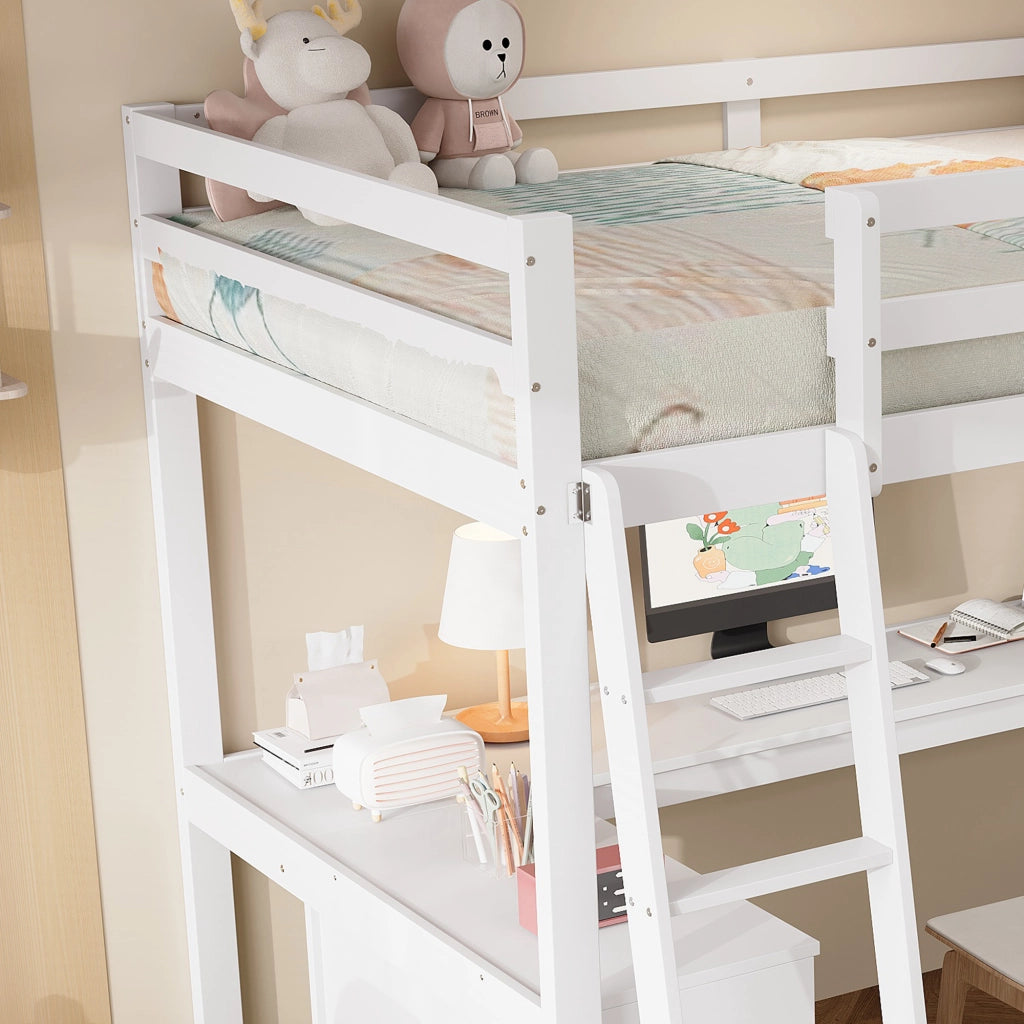 OKWISH Letto a Soppalco 90×200 cm, Letto Singolo con Mensola, Pannello in Feltro e Scala Inclinata, senza Materasso, Bianco