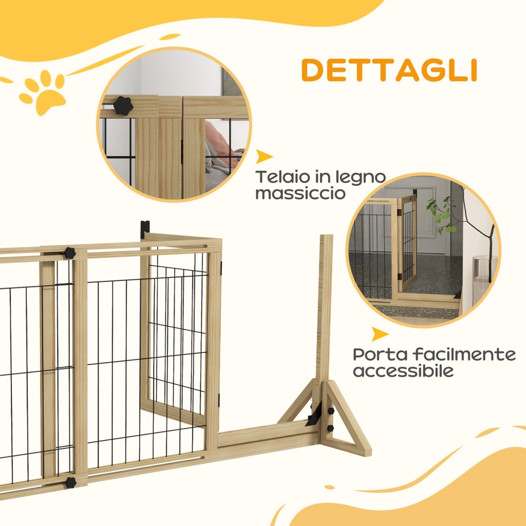 Cancelletto per Cani Estensibile 112-159x70 cm con Porta e 2 Pannelli in Legno Naturale