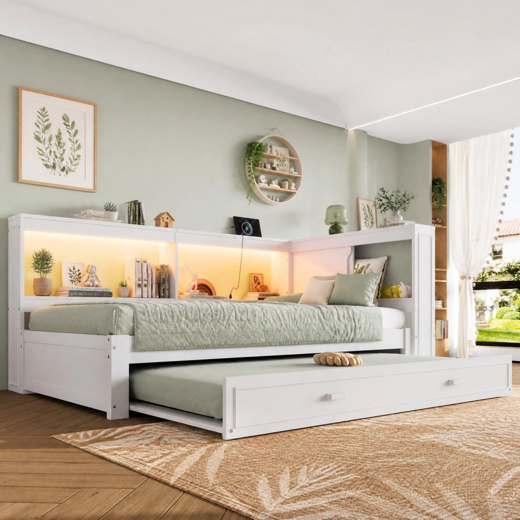 LETTO 90x200 cm con letto estraibile, LED, presa, USB e Type-C, Bianco