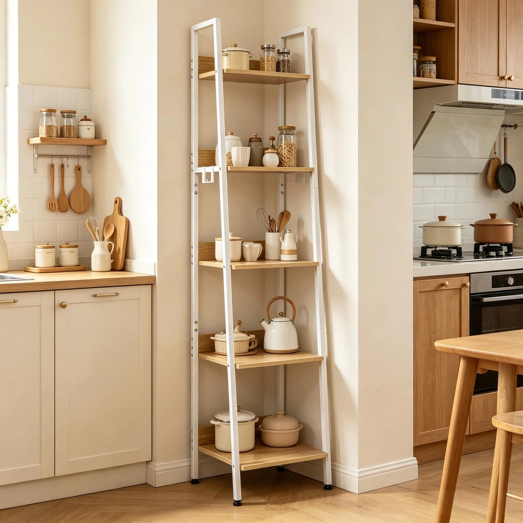 Libreria a scala con 5 ripiani aperti e ganci, per soggiorno e bagno, in MDF e metallo, nero e rovere chiaro, 40 × 36 × 170 cm