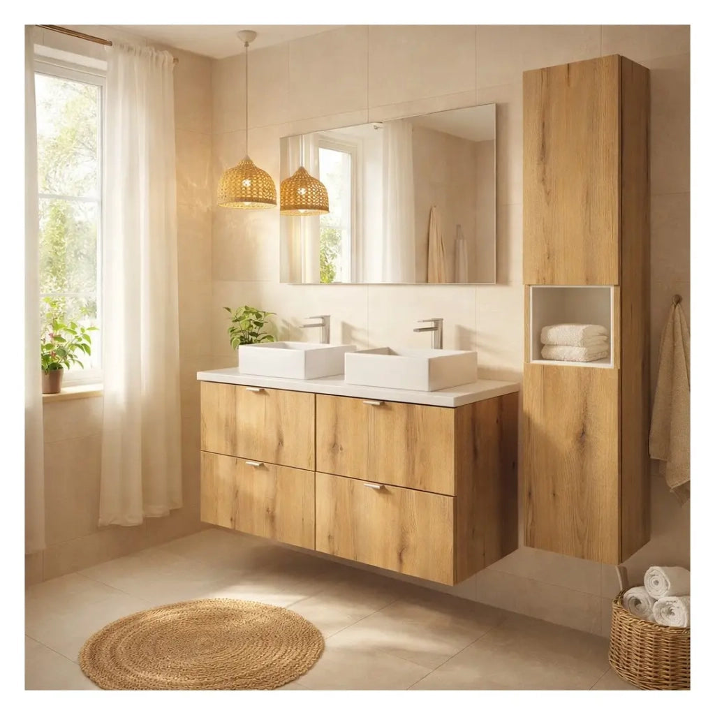 Set VANO quercia e bianco 130cm: mobile sotto lavabo con cassetti + piano per lavabo + lavabi rettangolari da appoggio + colonna