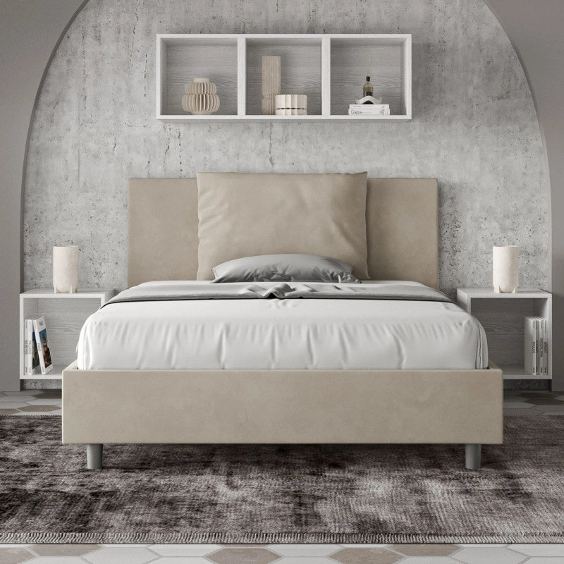 Letto imbottito Letto Matrimoniale alla Francese 150x200 cm Antea - Con rete,Microfibra,Sabbia