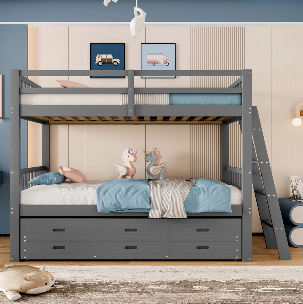 Letto a castello ULEVR 90x200 cm con letto estraibile e 3 cassetti, in pino e MDF grigio