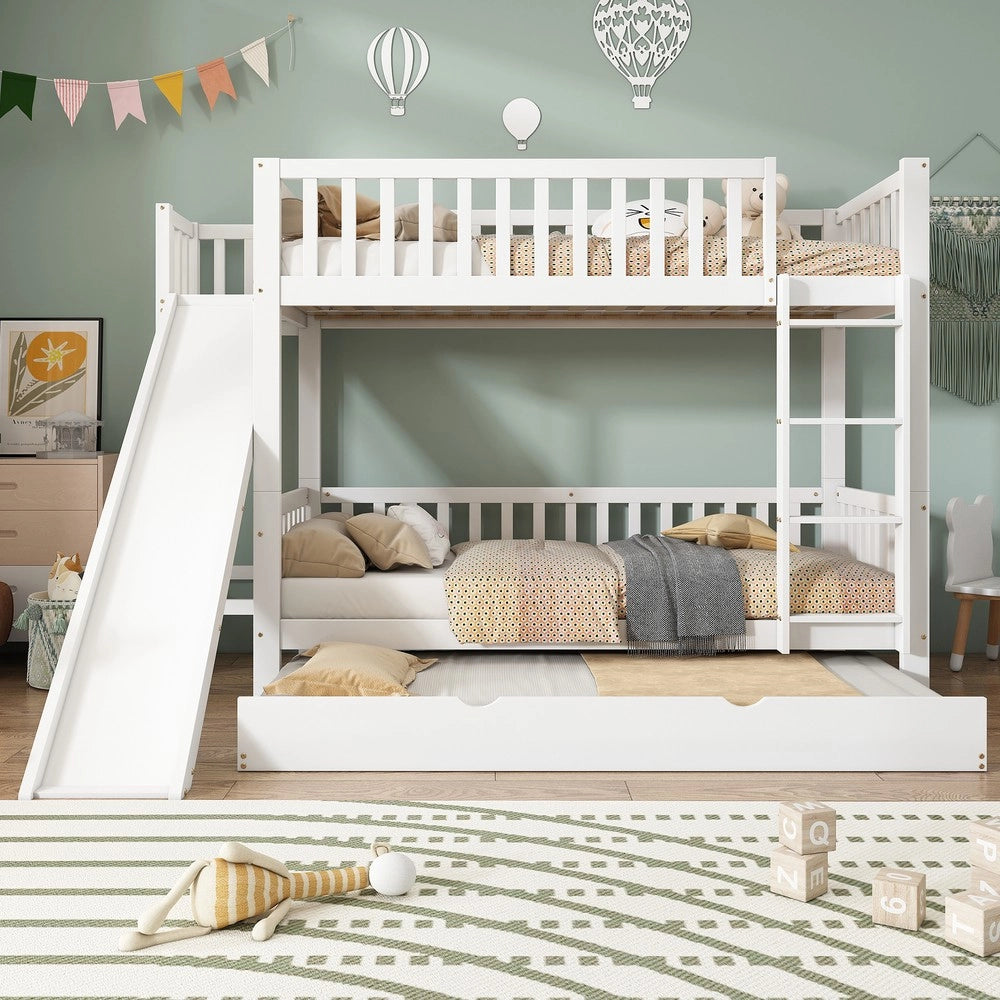 Letto a Castello con Letto Estraibile, Scivolo e Scala, Pino e MDF ¨C Xylo ¨C Bianco 90x200cm
