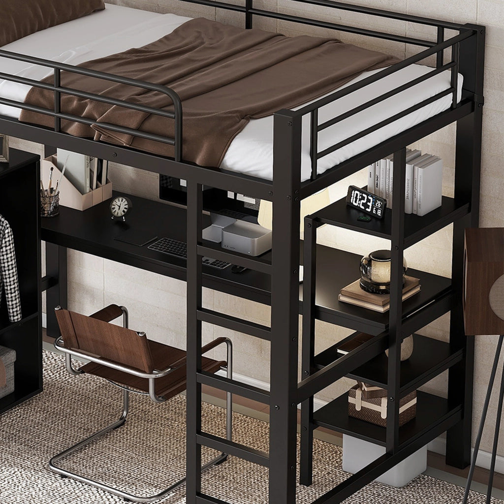 LETTO A CASTELLO 90x200 cm Nero in Metallo con Scrivania e Armadio
