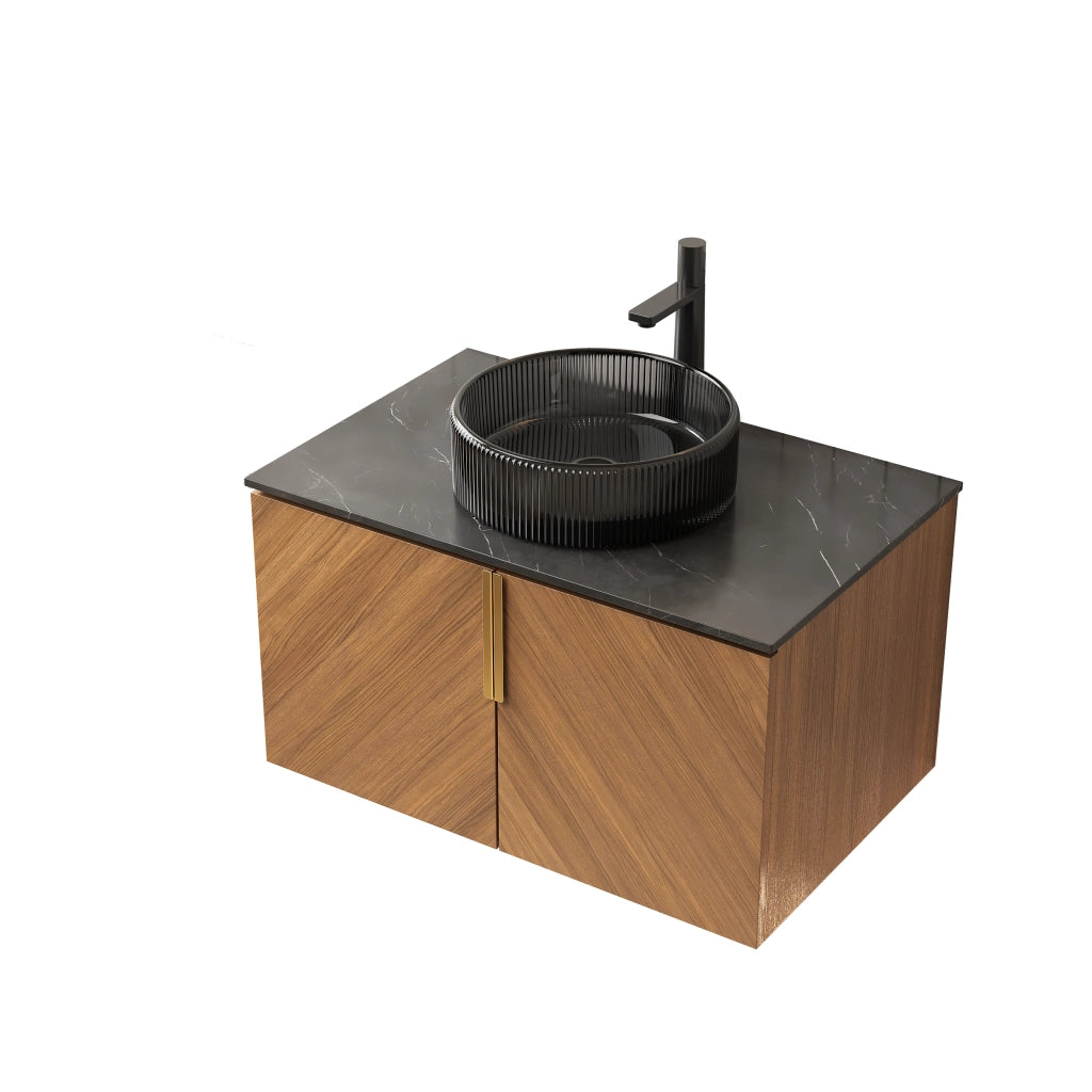 Mobile bagno con 4 ante e 2 ripiani aperti; lavabo in vetro e piano in pietra sinterizzata; rovere marrone e nero