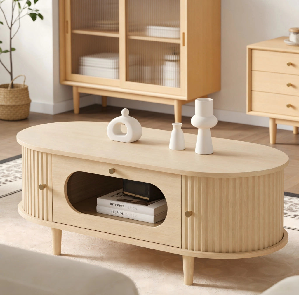 Tavolino da salotto 100x50x36 cm in MDF effetto legno; con cassetto e ante a serranda; oak