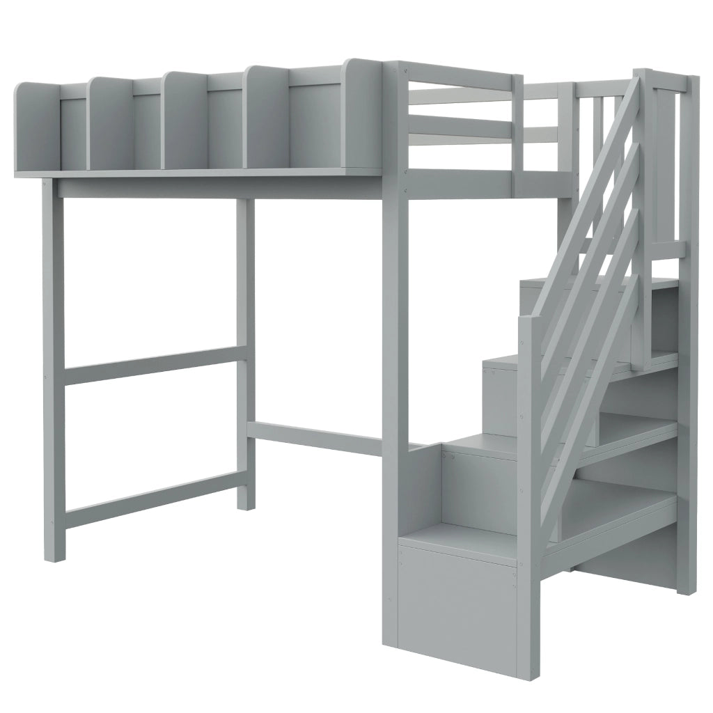 LETTO a soppalco 90x200 cm in legno grigio con LED, scala e vani portaoggetti
