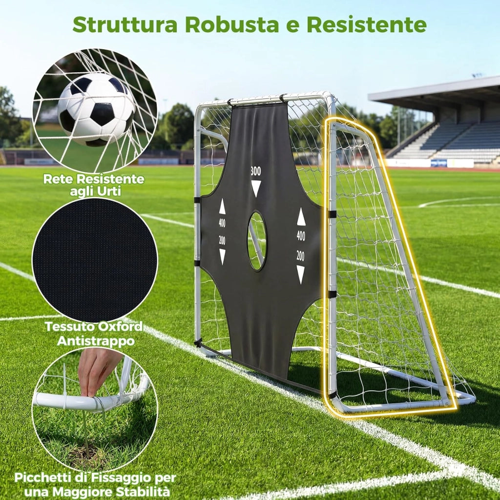 Porta da Calcio 2 in 1, Porta da Calcio con Parete di Tiro Rimovibile, 5 Fori, Picchetti e Fascette, Set di Rete con Bersaglio, per Bambini e Adulti, 215 x 77 x 152 cm