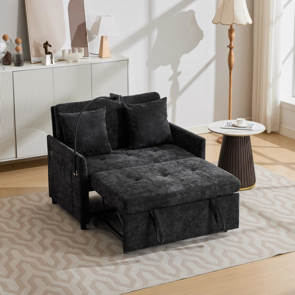 Divano letto convertibile con porta USB e supporto tablet, in lino spazzolato, Nero 109 × 72 × 83,5 cm