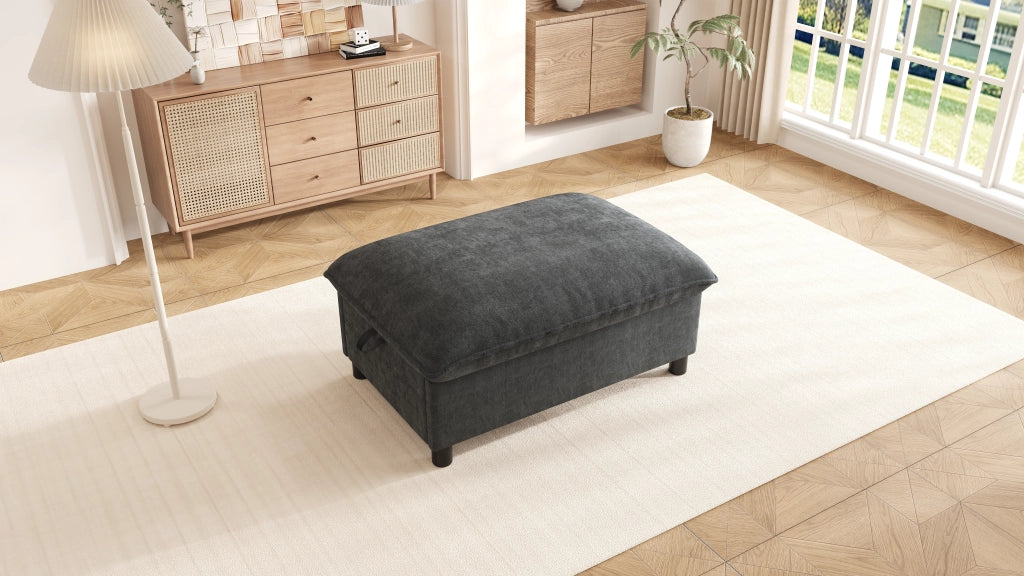Pouf poggiapiedi contenitore imbottito in ciniglia grigio con telaio in ferro e legno 98 × 65 × 48 cm