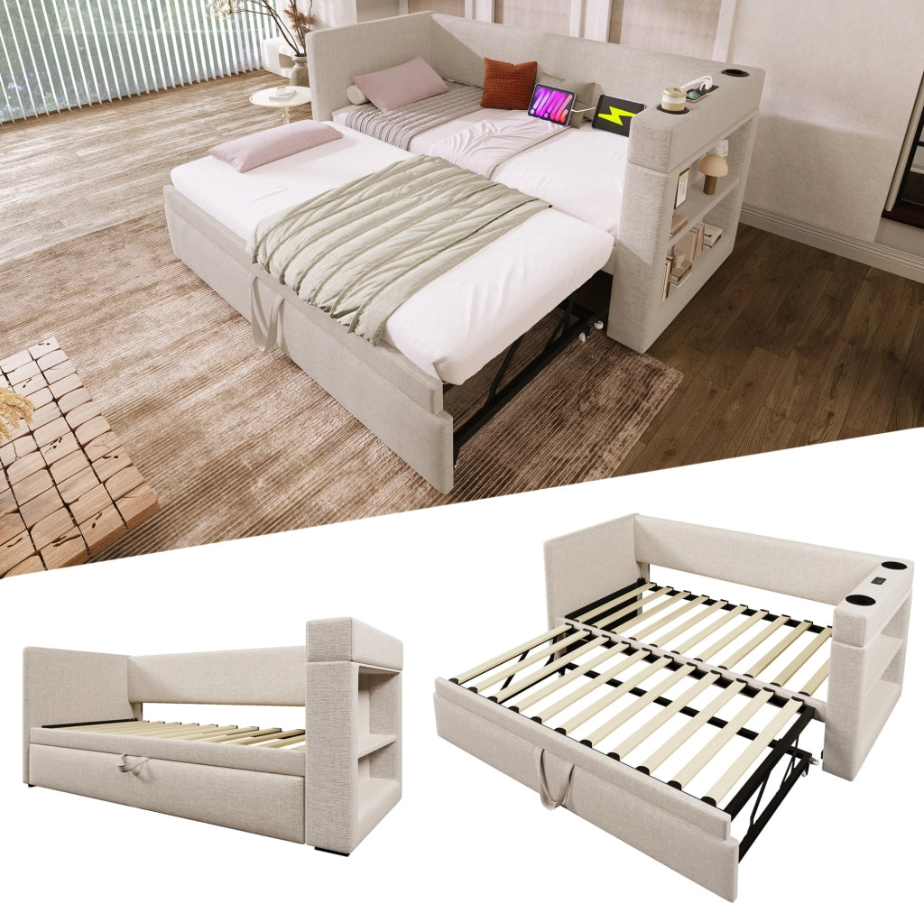 Divano letto estraibile 90x190 cm in cotone-lino beige con USB e Type-C